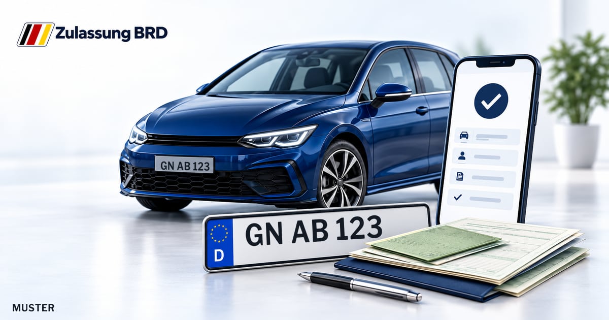 Online Fahrzeugzulassung in Gründau: Musterkennzeichen GN AB 123, Auto und Fahrzeugpapiere und Smartphone. Illustration mit Logo von Zulassung BRD.